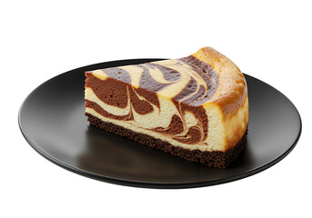 Slice of marbled cheesecake on a black plate showcasing its brown crust swirled layers and goldenbrown edges