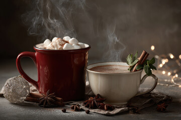 capture essence of new year  with cozy arrangement of festive hot beverages on solid color background