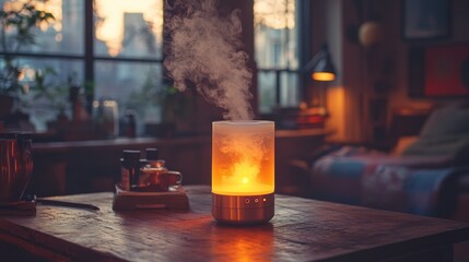 Lit Vapor Diffuser on Table in Interior Room