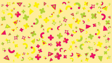 Pastel yellow background with scattered colorful shapes. Vector illustration for presentation, creative project, and poster.