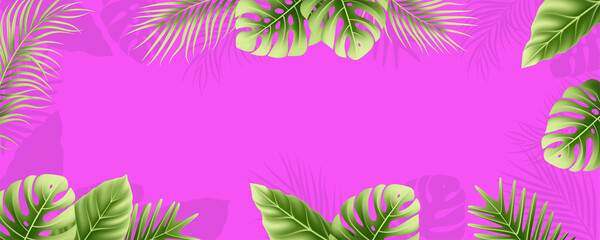 Pink Summer Background with Tropical Leaves Frame