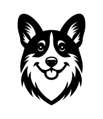 Naklejka premium Cute Corgi Dog Head with Smiling Expression in Black and White Simple Vector Illustration