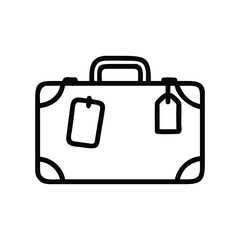 This clean line drawing depicts a vintage suitcase with attached luggage tags.