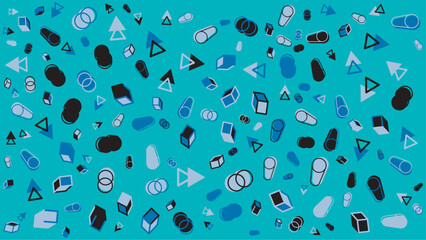 Teal background with scattered geometric shapes. Vector illustration for presentation, creative project, and poster.