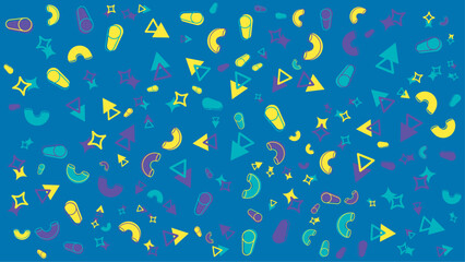 Blue background with colorful shapes and pasta. Vector illustration for presentation, creative project, and poster.