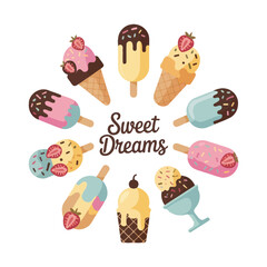 Cute Summer Dessert Vector Set with Ice Cream Cones and Popsicles in Pastel Colors


