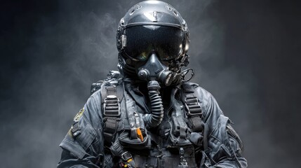 A man in black anti-g gear with rockets, front view, Unreal style, dark, dramatic, mysterious lighting.
