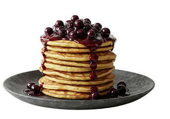 Stack of pancakes topped with cherries and syrup on a grey plate against a black background
