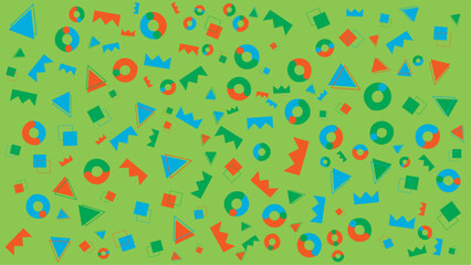 Vibrant green background with colorful geometric shapes. Vector illustration for presentation, creative project, and poster.