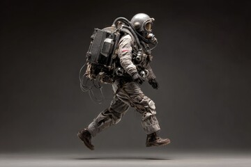 Fototapeta premium A man in black anti-g gear with rockets, front view, Unreal style, dark, dramatic, mysterious lighting. 