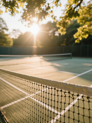 A serene tennis court at sunset, with the net in focus and sunlight filtering through green trees, creating a peaceful outdoor vibe.