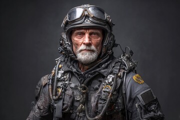 Naklejka premium A man in black anti-g gear with rockets, front view, Unreal style, dark, dramatic, mysterious lighting. 