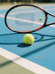 A tennis racket and ball on a blue court, with sunlight and shadows creating a dynamic and sporty atmosphere.