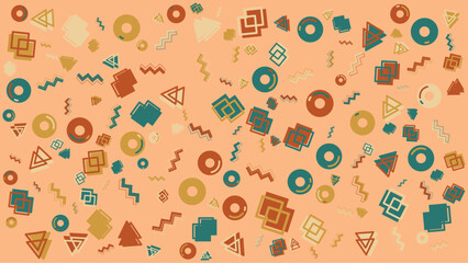 Peach background with scattered geometric shapes. Vector illustration for presentation, creative project, and poster.
