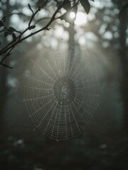 Naklejka premium A spiderweb covered in dew hangs in a forest with sunlight streaming through the trees in the background