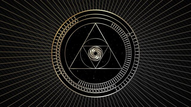 Animation of gold Sacred Geometry, gear in motion of geometric shapes Circles, triangles, golden proportion, Mystical logo design, masonic simbol, occult magic spiral on radiant sunburst video looping