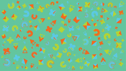 Teal background with colorful geometric shapes. Vector illustration for presentation, creative project, and poster.