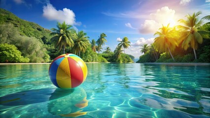 Vibrant beach ball suspended above pool water surface amidst lush tropical greenery and serene blue ocean waves , pool, tropical