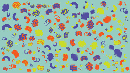 Teal background with colorful geometric shapes. Vector illustration for presentation, creative project, and poster.