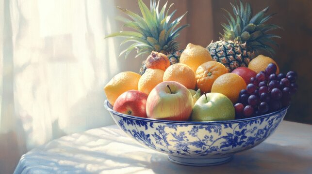 Sunlit fruit bowl on table near window