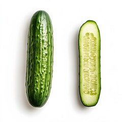 Fresh whole and sliced cucumber on a white background displaying juicy interior