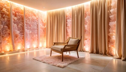 Minimalist salt therapy room with curved pink Himalayan salt wall panels