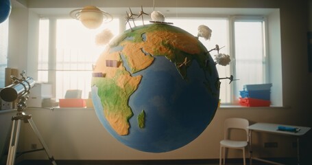 Globe with Miniature 3D Models of Wind Turbines and Solar Panels Hanging in Modern Classroom. Earth...