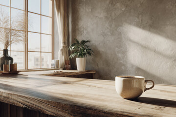photorealistic ultraminimalist scene featuring empty table with steaming cup of morning coffee