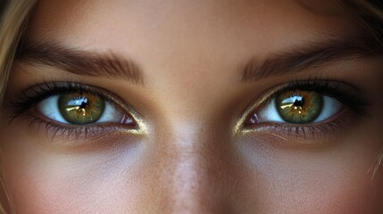 Naklejka premium Eyes with Golden Shimmer. Close-up Beauty with Intense Gaze and Radiant Makeup