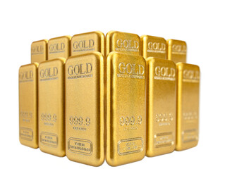 Stacked shiny gold bars with embossed text, showcasing their precious metal value. bars are...
