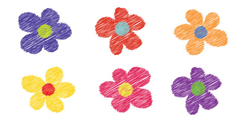 Fototapeta premium Colorful vector flowers hand drawn with pencils or chalk on a white background. Playful and cheerful design, perfect for kids projects and crafts.