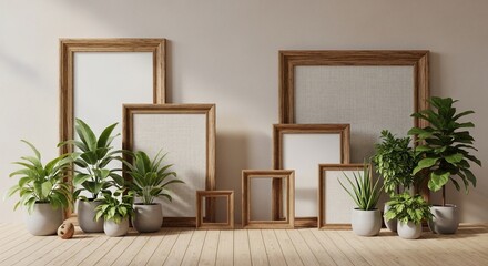 Fototapeta premium Gallery Wall Mockup with Wooden Frames and Potted Plants on Wooden Floor