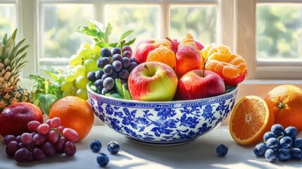 Colorful fruit bowl on windowsill, sunlight, healthy eating © Zeva