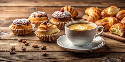 Aromatic espresso and sweet pastries with a creamy topping on a wooden table, desserts, baking