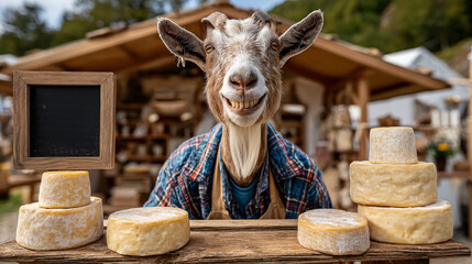  Goat and cheese on the background of mountains. The concept of food and cheese production.