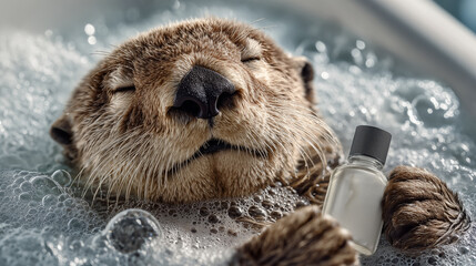 sea otter lying in bathtub with shampoo and bubbles, closeup