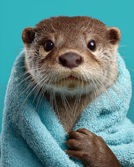 Portrait of an Asian small clawed otter wrapped in a blue towel