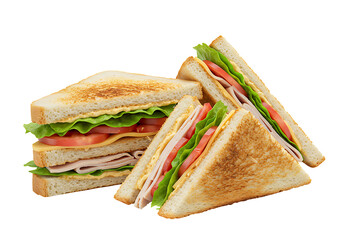 Three sandwiches with ham tomato lettuce cheese and dressing against a black backdrop