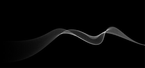 Abstract dots particles wave pattern white light gradient smooth curve shape isolated on black background. Concept of technology, digital, communication, science, music	
