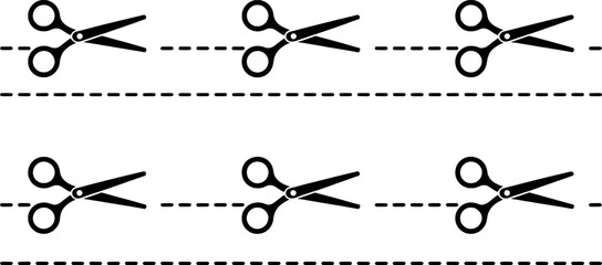Black scissors cutting dashed lines symbol