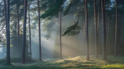 Obraz premium A photograph of a serene pine forest shrouded in a delicate morning mist.