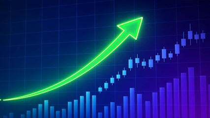 Neon green upward arrow glowing over charts and blue purple graph bar, showing growth and success with digital energy in a clean Tech Finance Data Visualization setup - Powered by Adobe