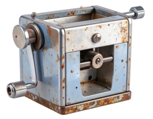 3D Render of Old Metal Vintage Pencil Sharpener with Crank Handle, isolated on transparent background PNG