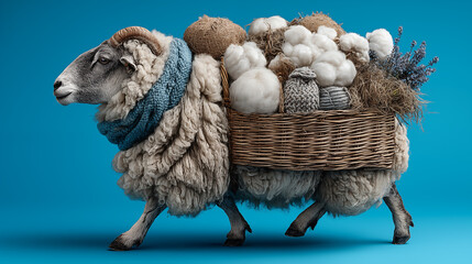 Sheep in a basket with woolen clothes on a blue background