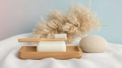 A minimalistic bathroom scene features a wooden soap dish, bamboo toothbrush, pumice stone, and beige pampas grass, surrounded by a white fabric surface and pastel sky gradient.