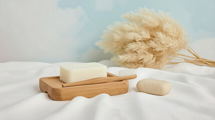 A minimalistic bathroom scene features a wooden soap dish, bamboo toothbrush, pumice stone, and beige pampas grass, surrounded by a white fabric surface and pastel sky gradient.