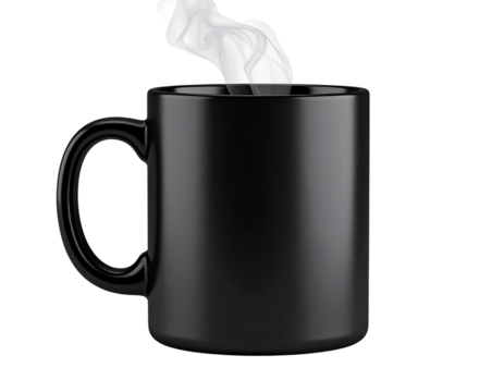 3D Render of Matte Black Mug with Hot Beverage and Steam, isolated on transparent background PNG - Powered by Adobe