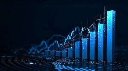 3D bar and candlestick charts rise on dark backdrop, glowing in cool blue tones, showing financial trends and growth in a high tech Data Visualization, Tech Finance theme - Powered by Adobe
