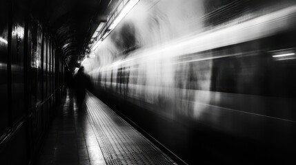 Subway Speed. Black and White Motion in Underground Station with Silhouette Figure