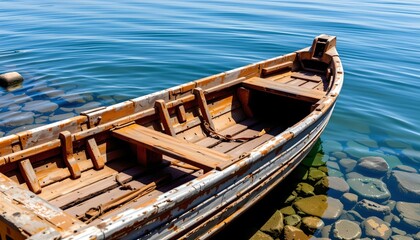 Obraz premium the image shows a weathered wooden vessel resting on the edge of a body of water, the vessels hull is visible, revealing textures of worn wood